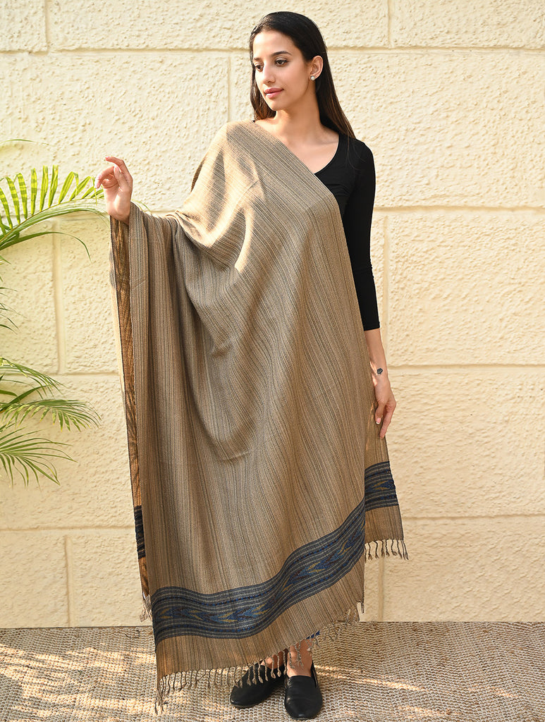Exclusive Soft Himachal Wool Shawl with Woven Border - Wheatfield