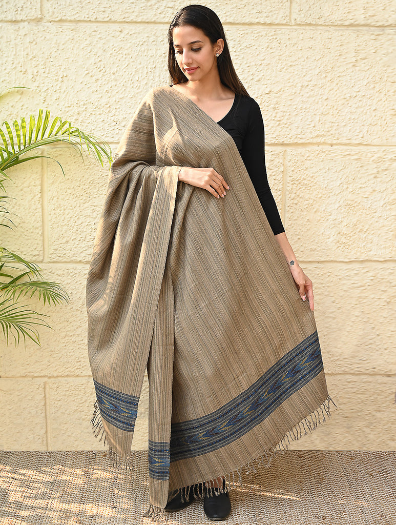 Exclusive Soft Himachal Wool Shawl with Woven Border - Wheatfield