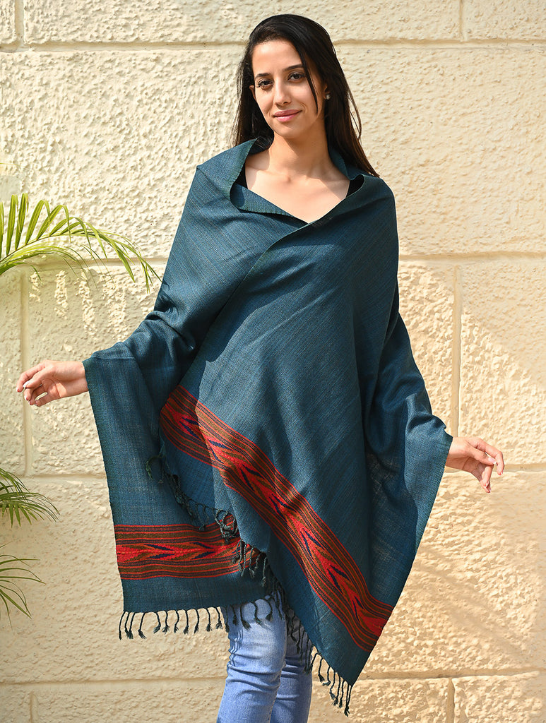 Exclusive Soft Himachal Wool Stole with Woven Border - Azure Trail