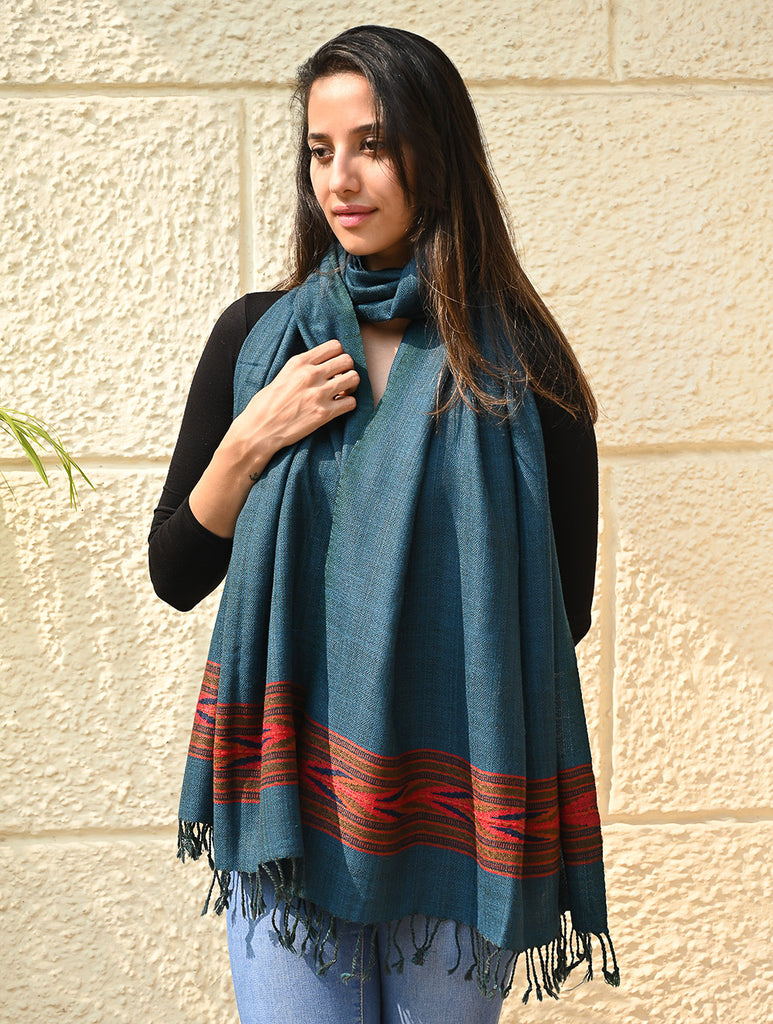 Exclusive Soft Himachal Wool Stole with Woven Border - Azure Trail