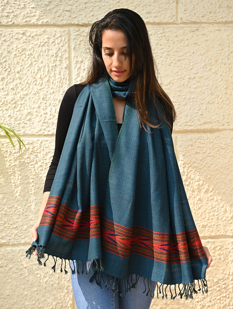 Exclusive Soft Himachal Wool Stole with Woven Border - Azure Trail