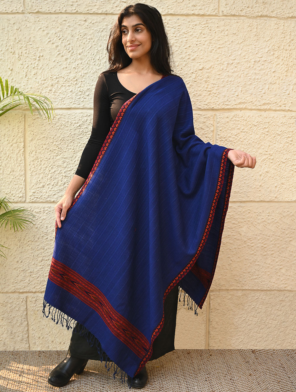 Load image into Gallery viewer, Exclusive Soft Himachal Wool Stole with Woven Border - Bluebell Grove