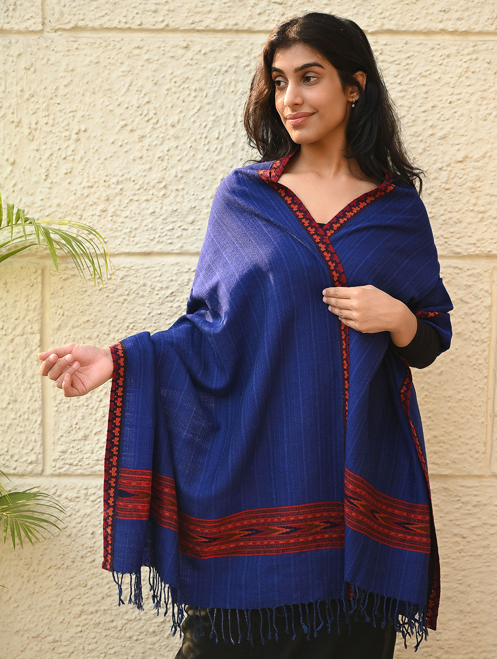 Load image into Gallery viewer, Exclusive Soft Himachal Wool Stole with Woven Border - Bluebell Grove