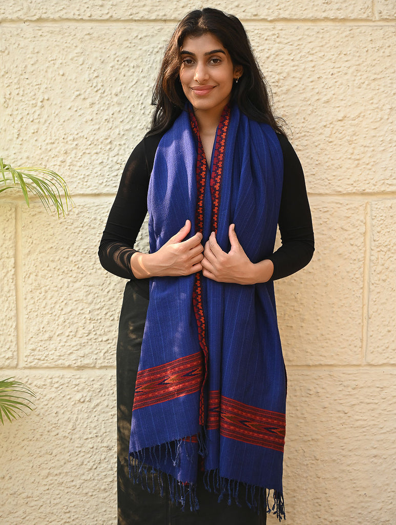 Exclusive Soft Himachal Wool Stole with Woven Border - Bluebell Grove