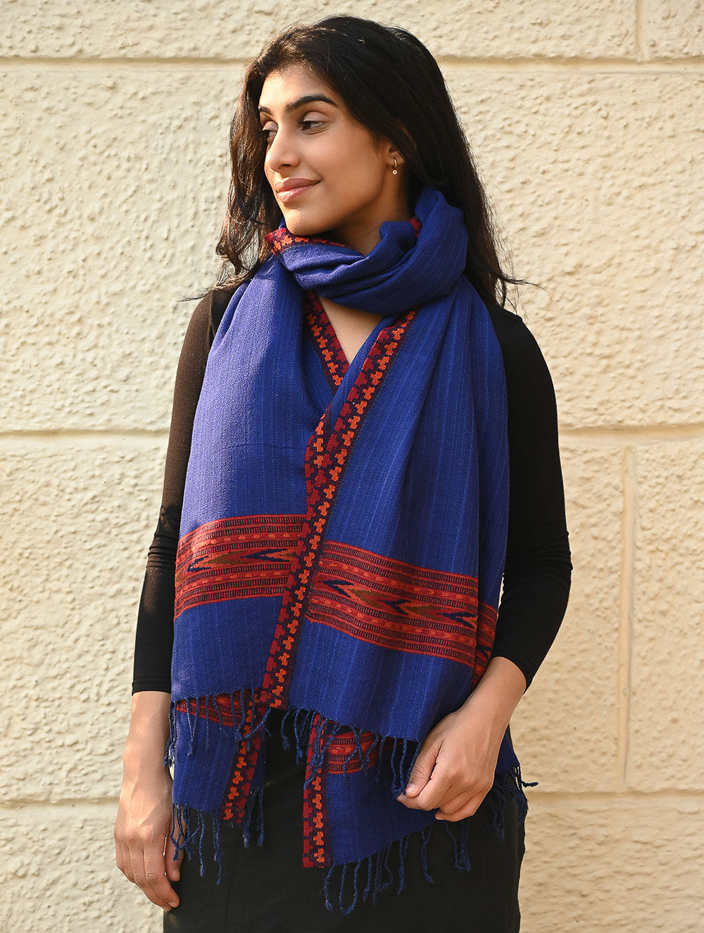 Load image into Gallery viewer, Exclusive Soft Himachal Wool Stole with Woven Border - Bluebell Grove