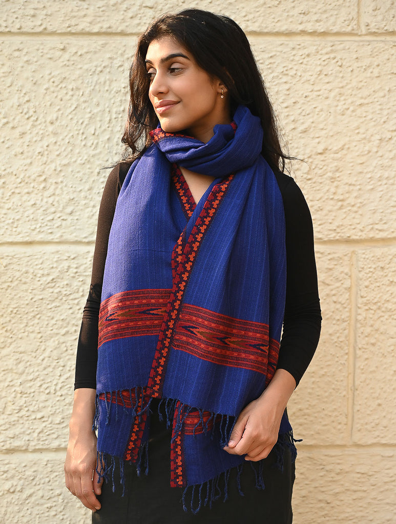 Exclusive Soft Himachal Wool Stole with Woven Border - Bluebell Grove