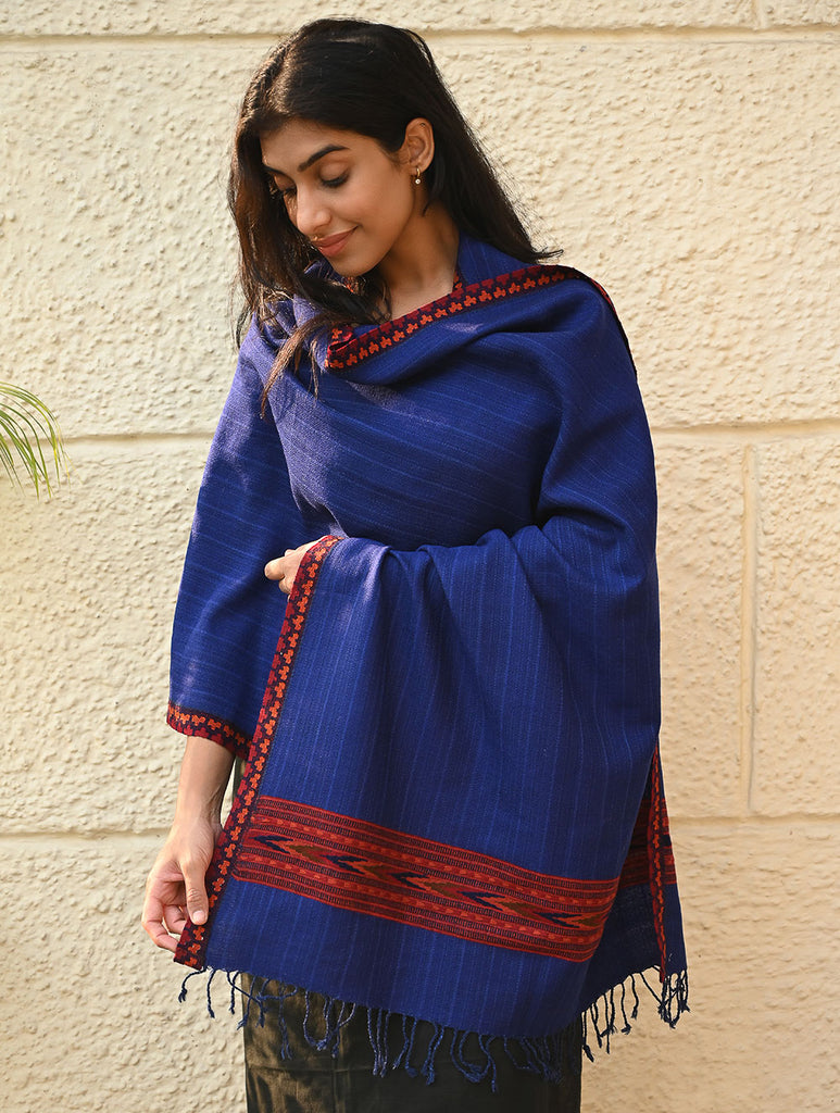Exclusive Soft Himachal Wool Stole with Woven Border - Bluebell Grove