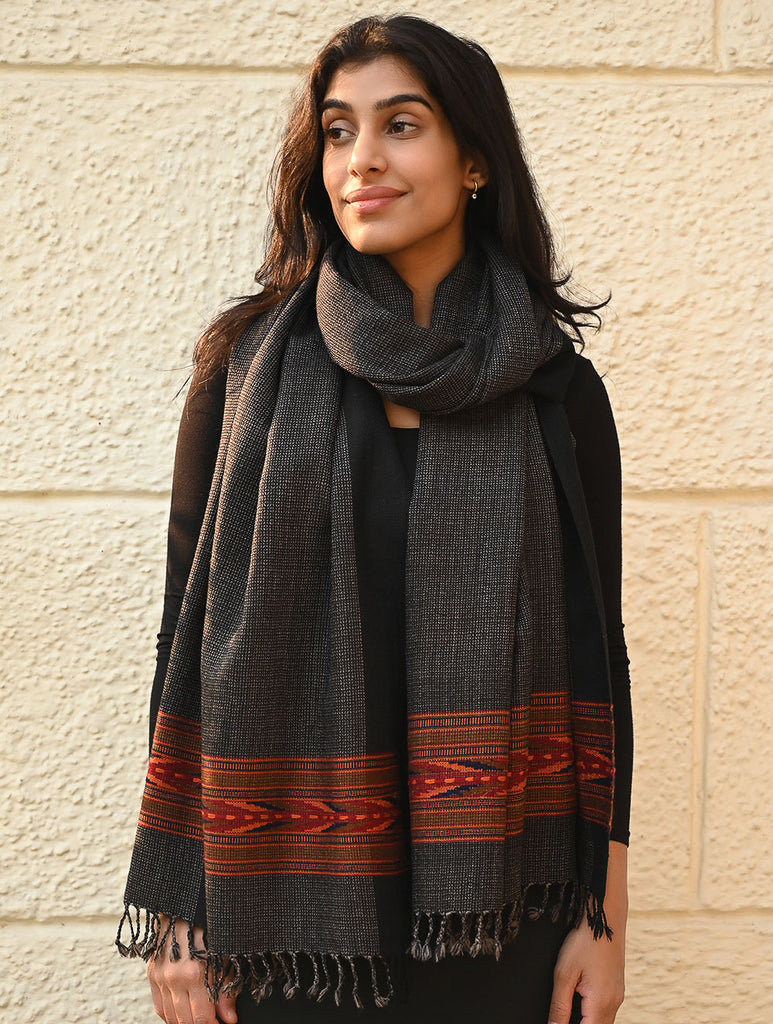 Exclusive Soft Himachal Wool Stole with Woven Border - Charcoal Cascade