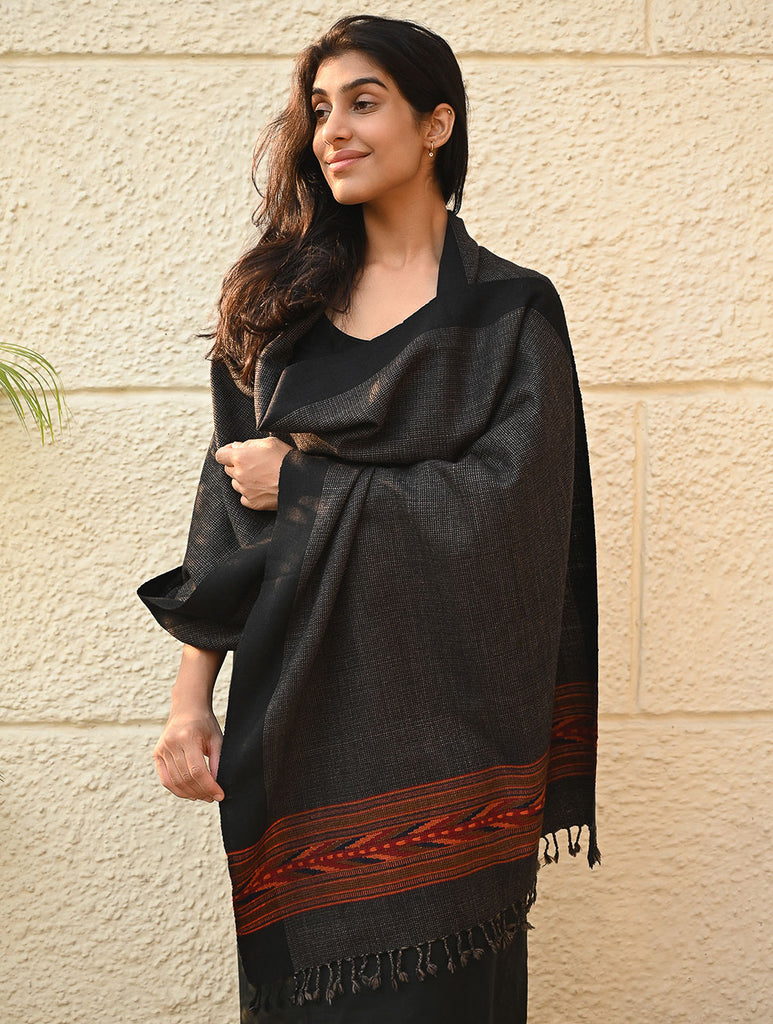 Exclusive Soft Himachal Wool Stole with Woven Border - Charcoal Cascade
