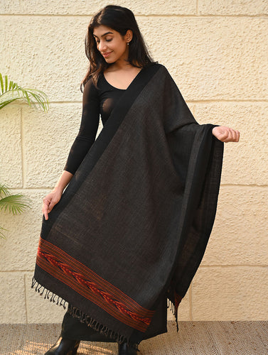 Exclusive Soft Himachal Wool Stole with Woven Border - Charcoal Cascade