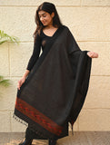 Exclusive Soft Himachal Wool Stole with Woven Border - Charcoal Cascade
