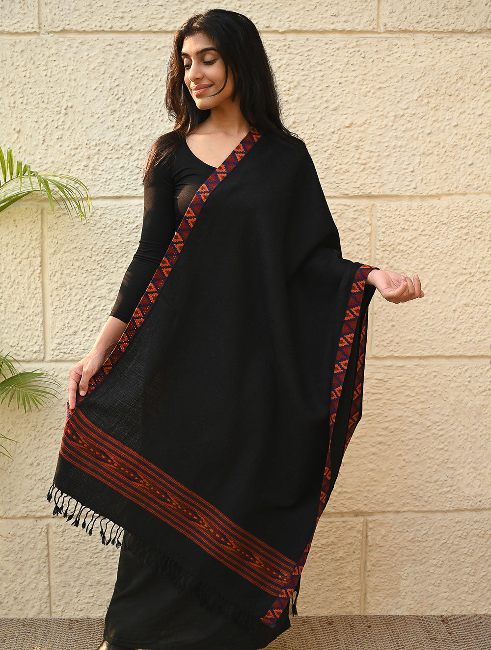Load image into Gallery viewer, Exclusive Soft Himachal Wool Stole with Woven Border - Charcoal Trail