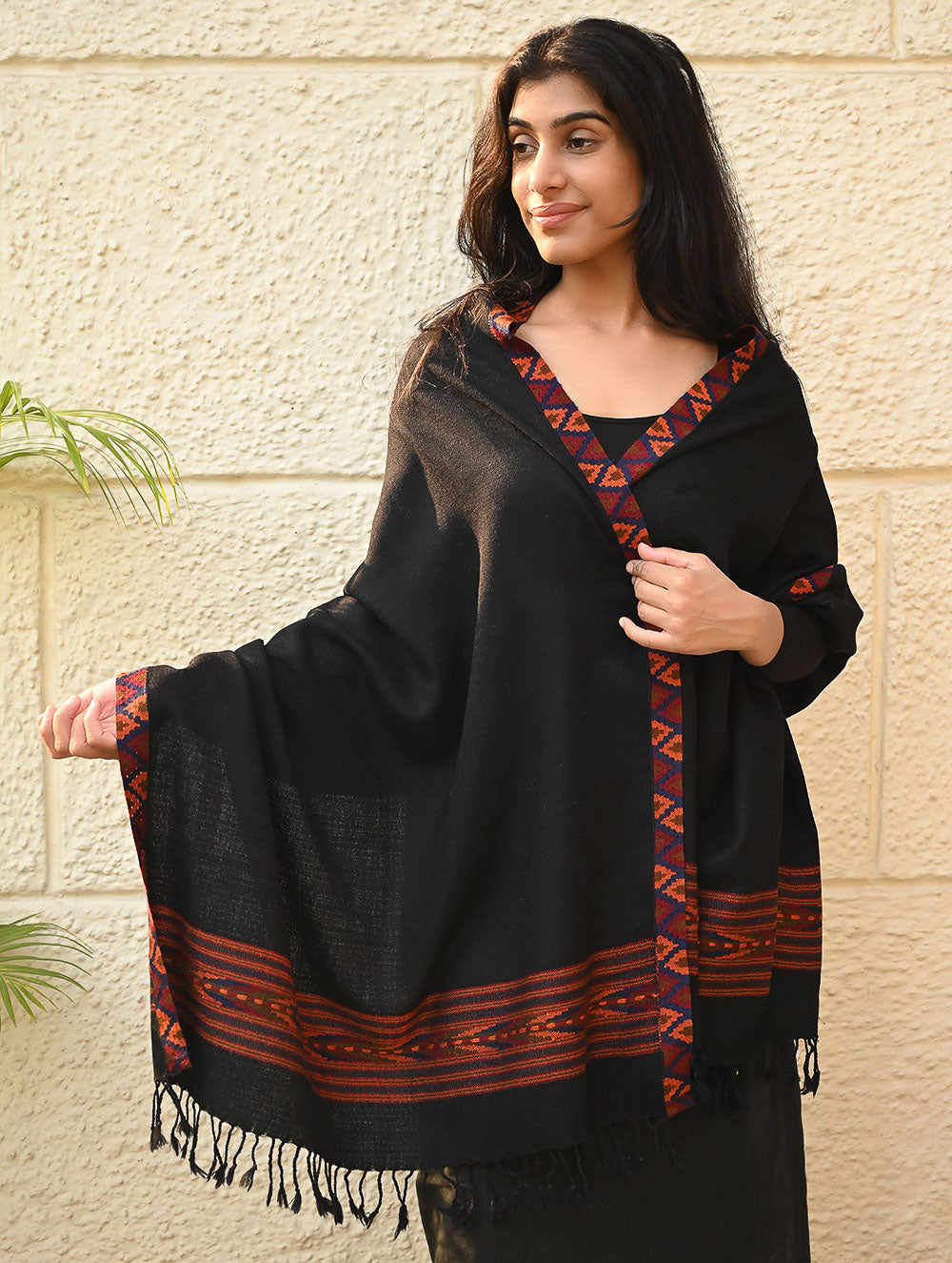Load image into Gallery viewer, Exclusive Soft Himachal Wool Stole with Woven Border - Charcoal Trail