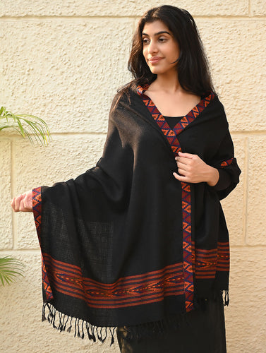 Exclusive Soft Himachal Wool Stole with Woven Border - Charcoal Trail