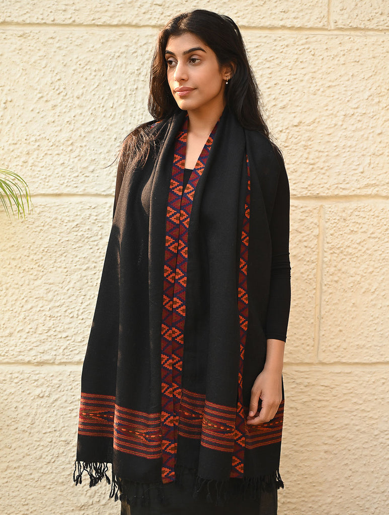Exclusive Soft Himachal Wool Stole with Woven Border - Charcoal Trail