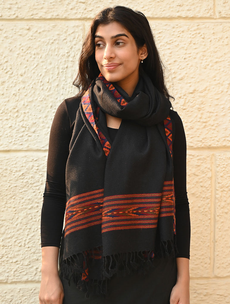 Exclusive Soft Himachal Wool Stole with Woven Border - Charcoal Trail