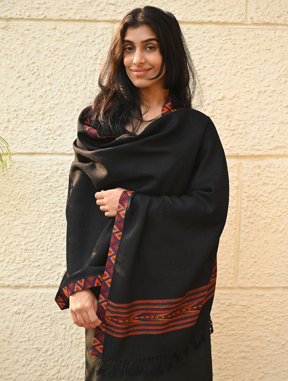 Load image into Gallery viewer, Exclusive Soft Himachal Wool Stole with Woven Border - Charcoal Trail