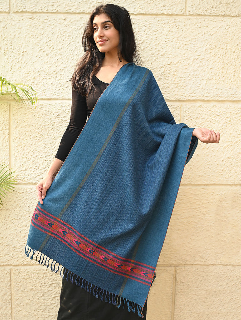 Exclusive Soft Himachal Wool Stole with Woven Border - Cobalt Trail