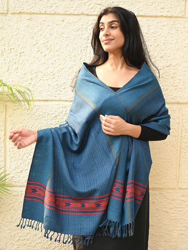 Exclusive Soft Himachal Wool Stole with Woven Border - Cobalt Trail