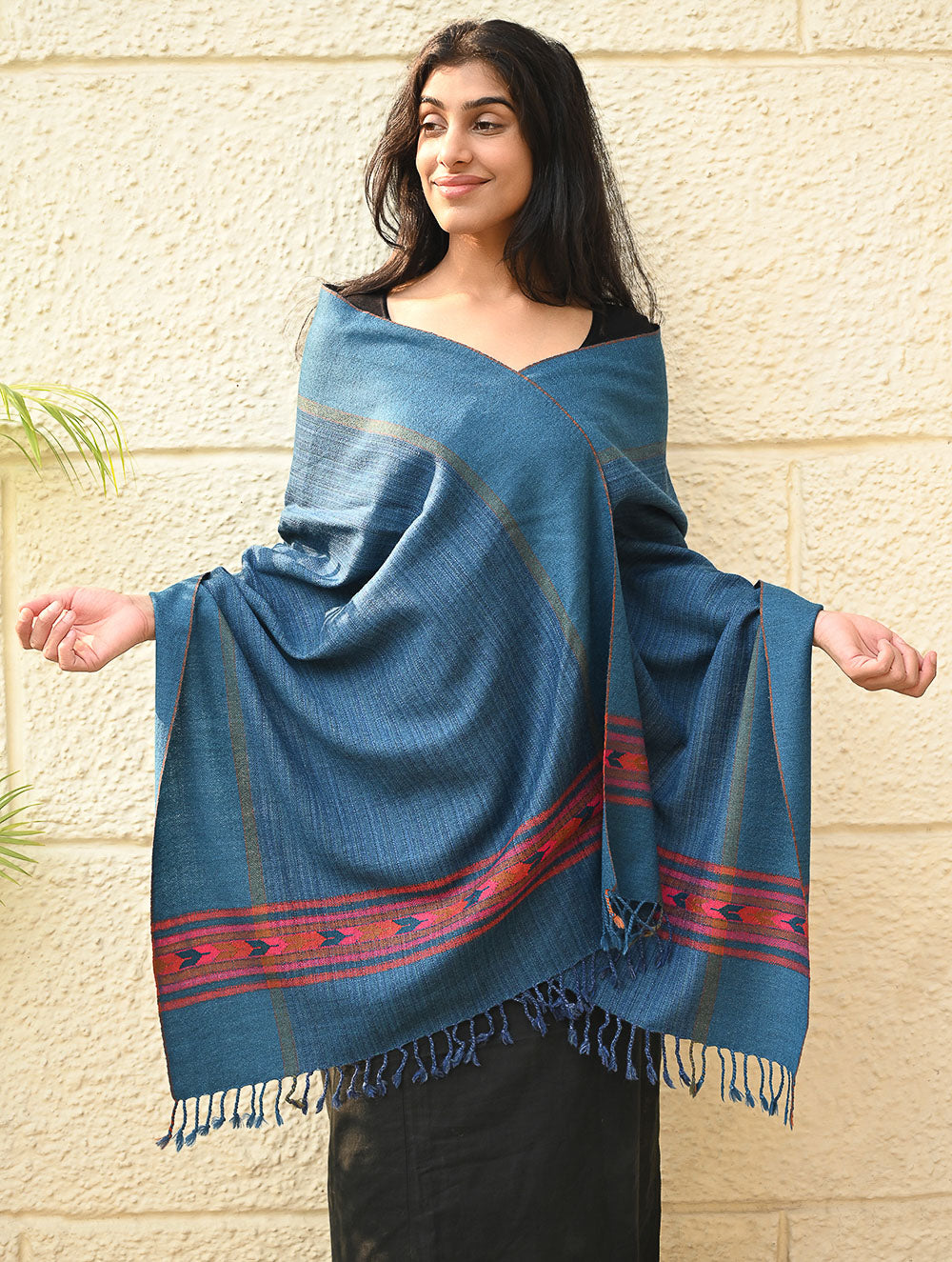 Load image into Gallery viewer, Exclusive Soft Himachal Wool Stole with Woven Border - Cobalt Trail