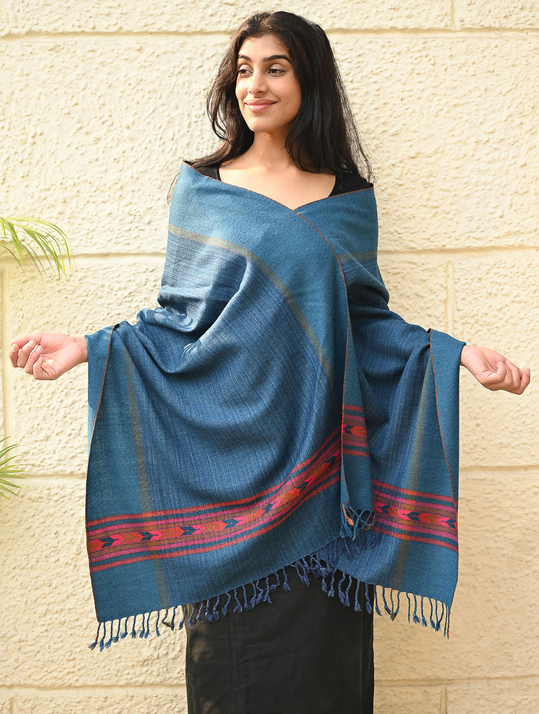 Exclusive Soft Himachal Wool Stole with Woven Border - Cobalt Trail