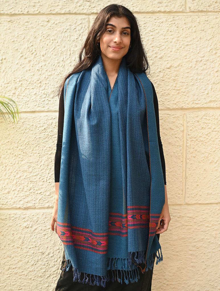 Exclusive Soft Himachal Wool Stole with Woven Border - Cobalt Trail