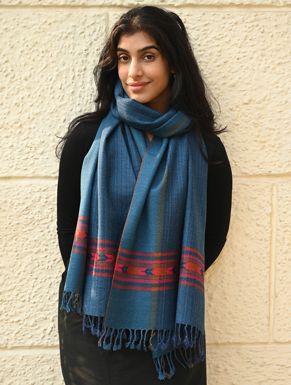 Load image into Gallery viewer, Exclusive Soft Himachal Wool Stole with Woven Border - Cobalt Trail