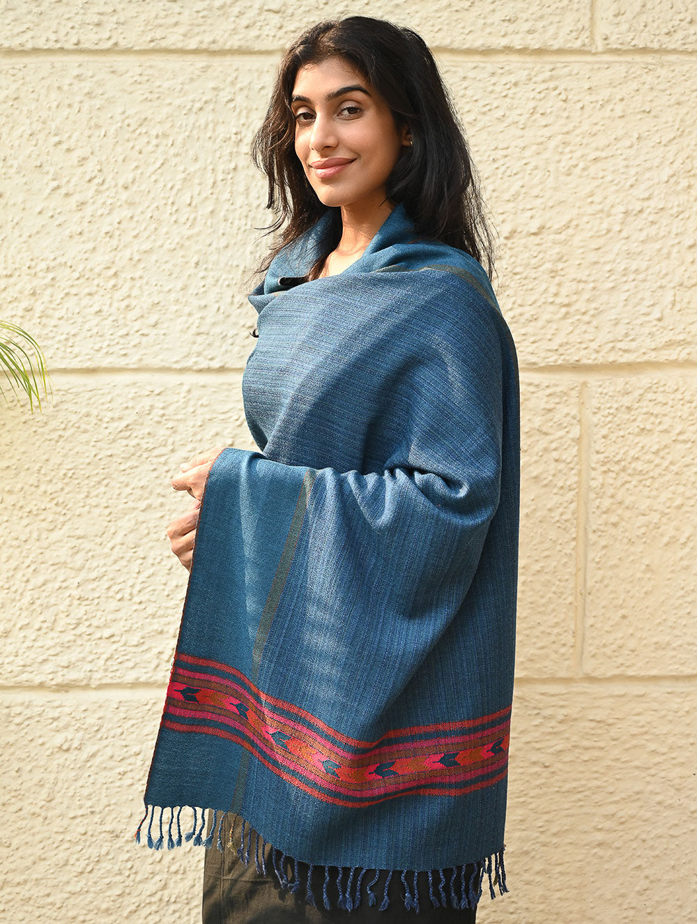 Load image into Gallery viewer, Exclusive Soft Himachal Wool Stole with Woven Border - Cobalt Trail