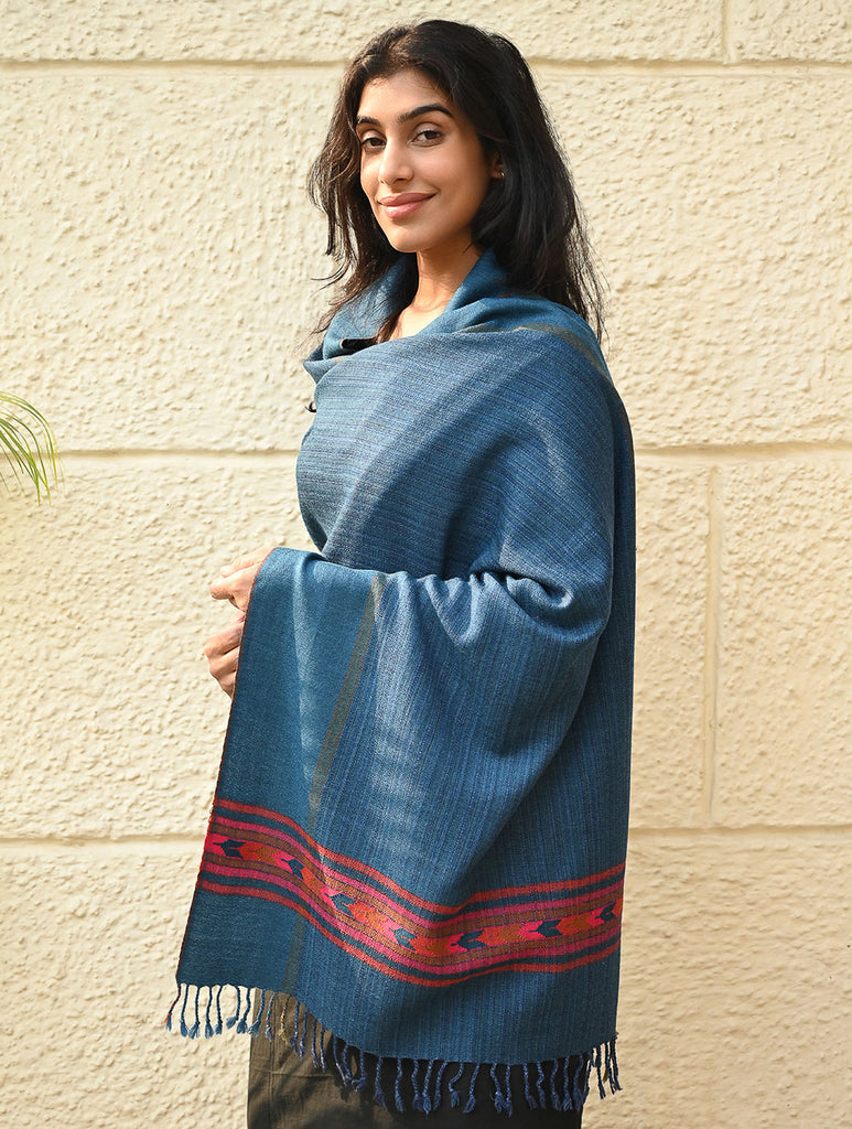 Exclusive Soft Himachal Wool Stole with Woven Border - Cobalt Trail