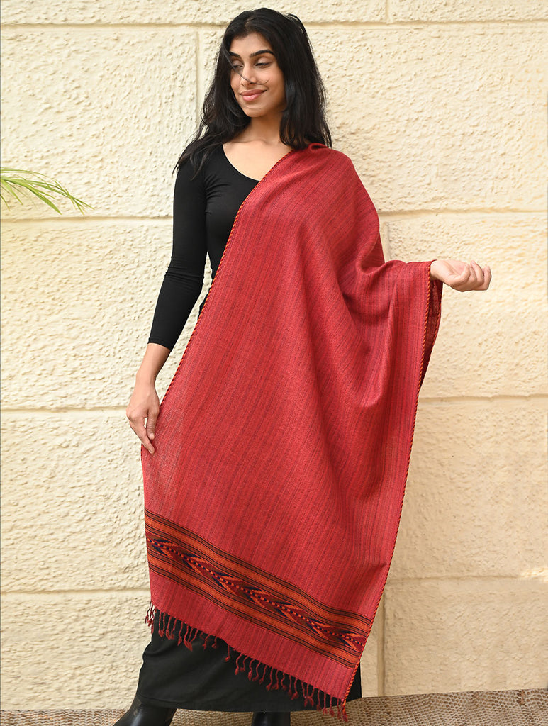 Exclusive Soft Himachal Wool Stole with Woven Border - Coral Bloom