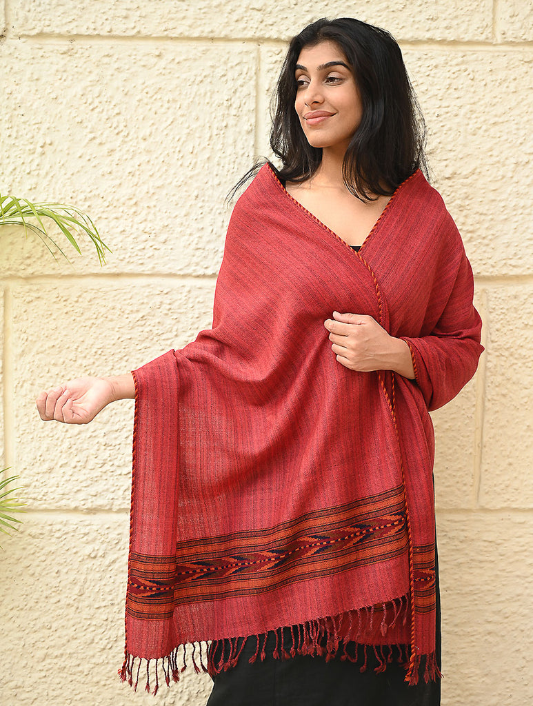 Exclusive Soft Himachal Wool Stole with Woven Border - Coral Bloom