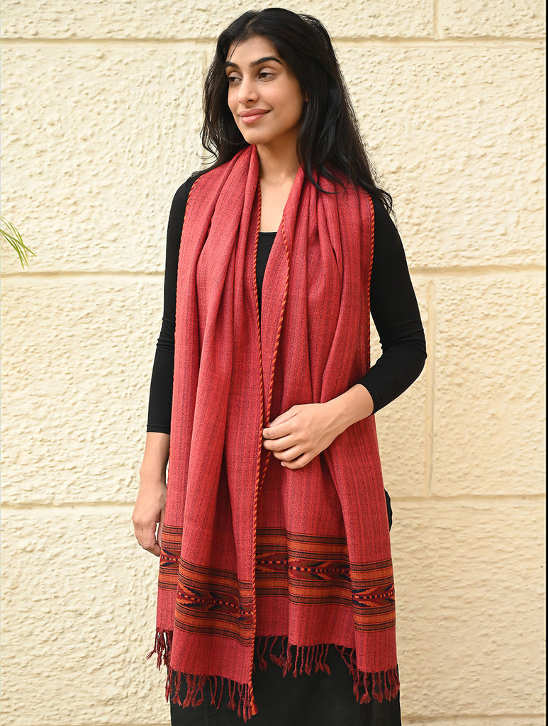 Exclusive Soft Himachal Wool Stole with Woven Border - Coral Bloom