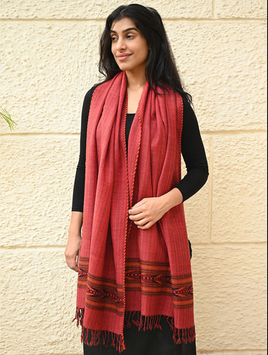 Exclusive Soft Himachal Wool Stole with Woven Border - Coral Bloom