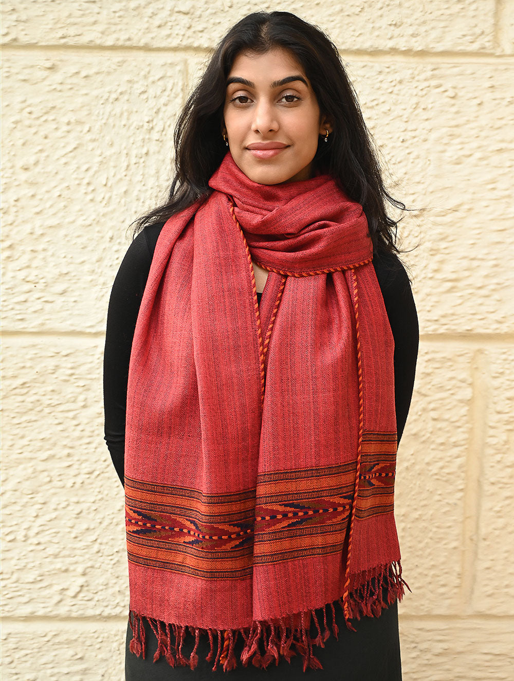 Load image into Gallery viewer, Exclusive Soft Himachal Wool Stole with Woven Border - Coral Bloom