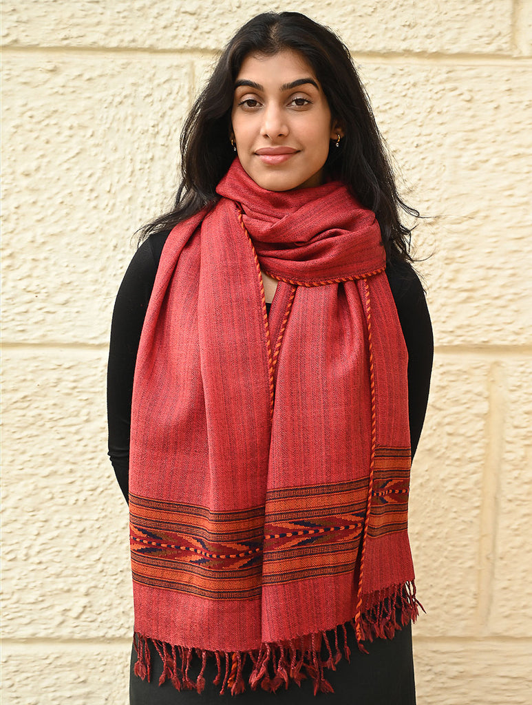 Exclusive Soft Himachal Wool Stole with Woven Border - Coral Bloom