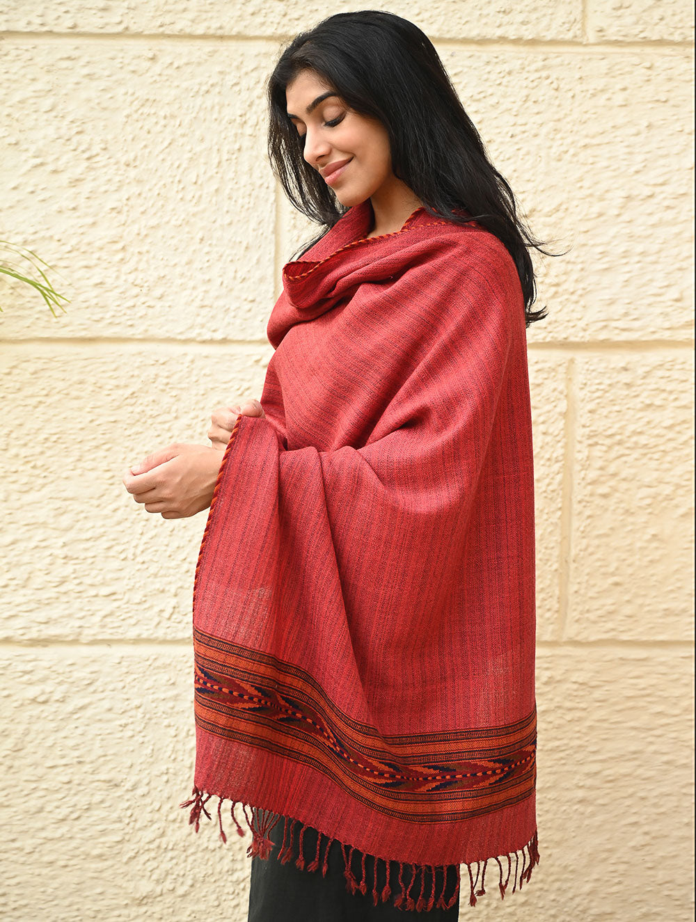 Exclusive Soft Himachal Wool Stole with Woven Border - Coral Bloom