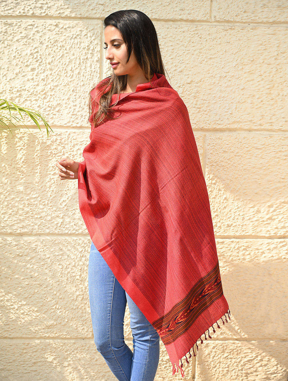 Exclusive Soft Himachal Wool Stole with Woven Border - Coral Trail