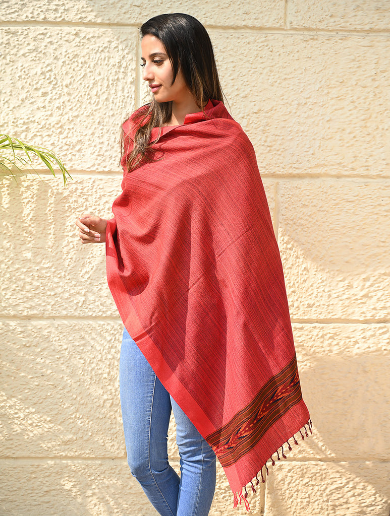 Exclusive Soft Himachal Wool Stole with Woven Border - Coral Trail