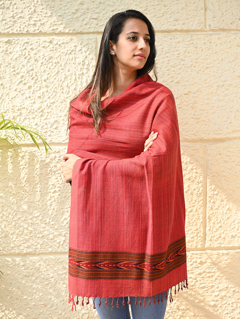 Exclusive Soft Himachal Wool Stole with Woven Border - Coral Trail