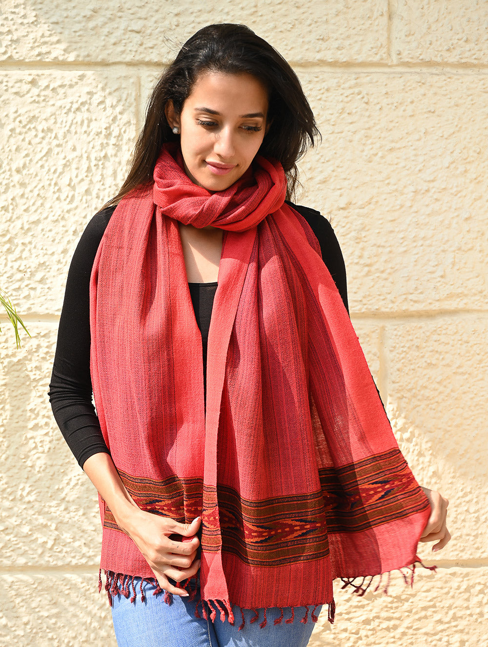 Exclusive Soft Himachal Wool Stole with Woven Border - Coral Trail