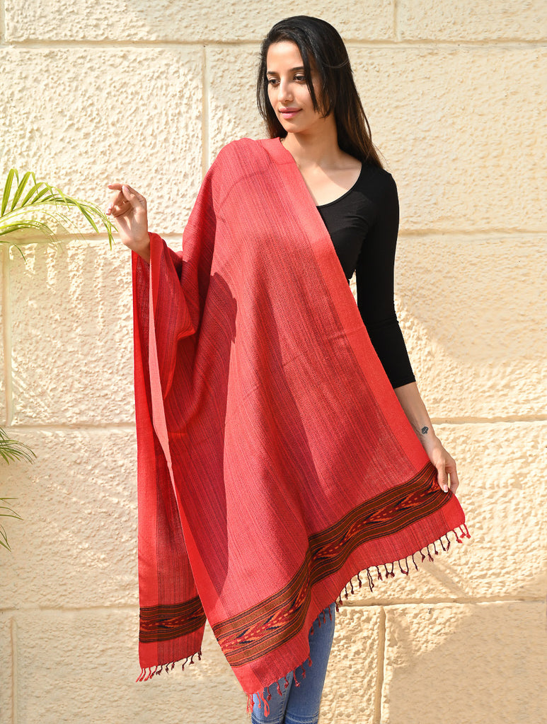Exclusive Soft Himachal Wool Stole with Woven Border - Coral Trail