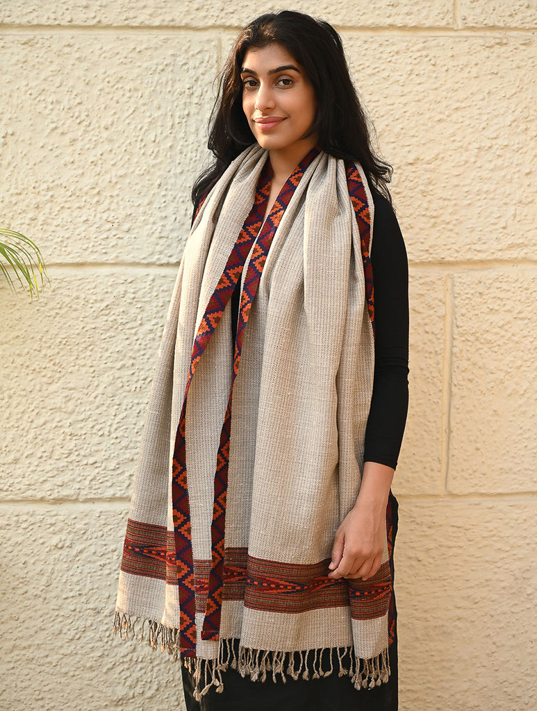 Exclusive Soft Himachal Wool Stole with Woven Border - Desert Trail