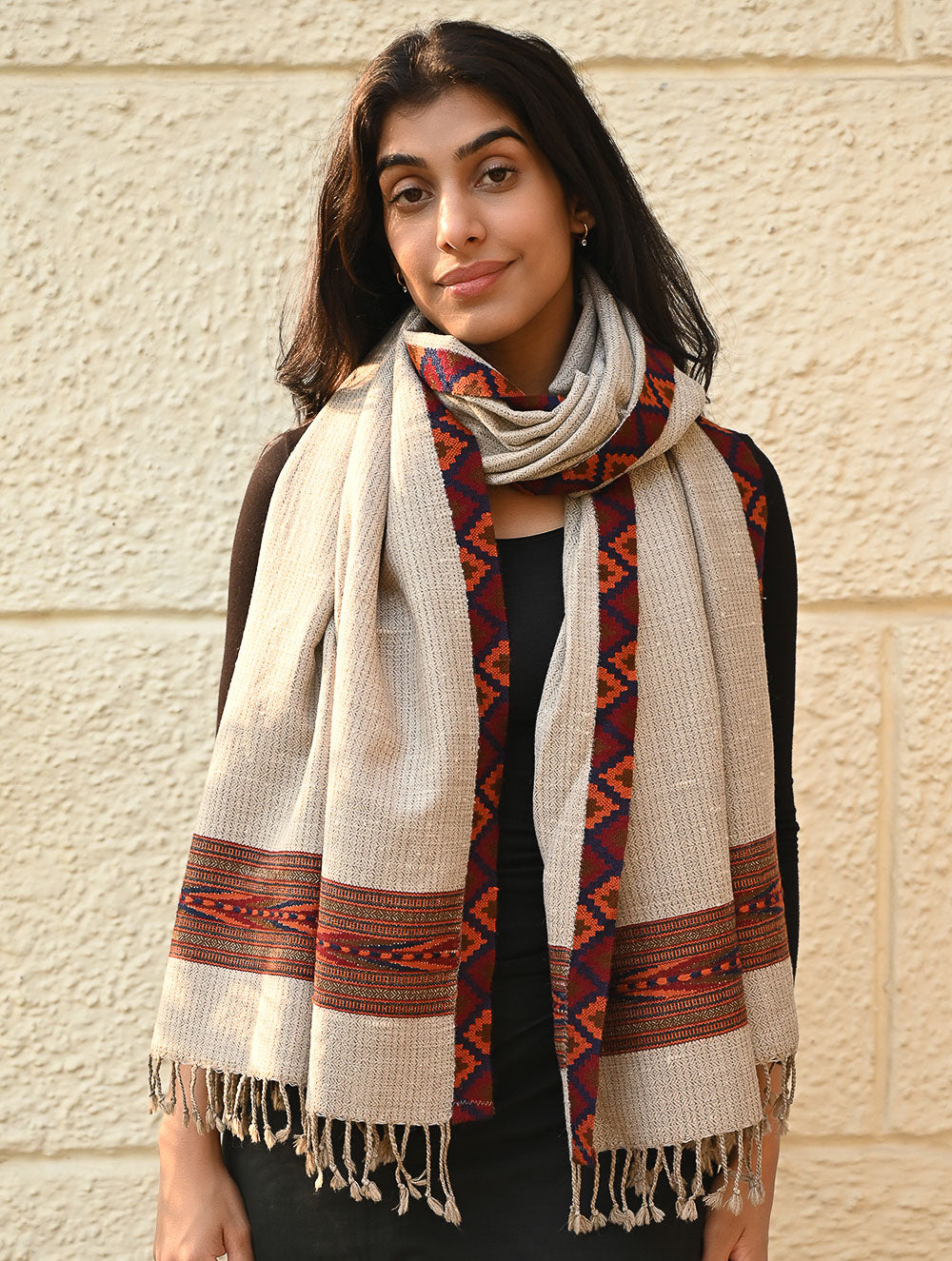 Load image into Gallery viewer, Exclusive Soft Himachal Wool Stole with Woven Border - Desert Trail