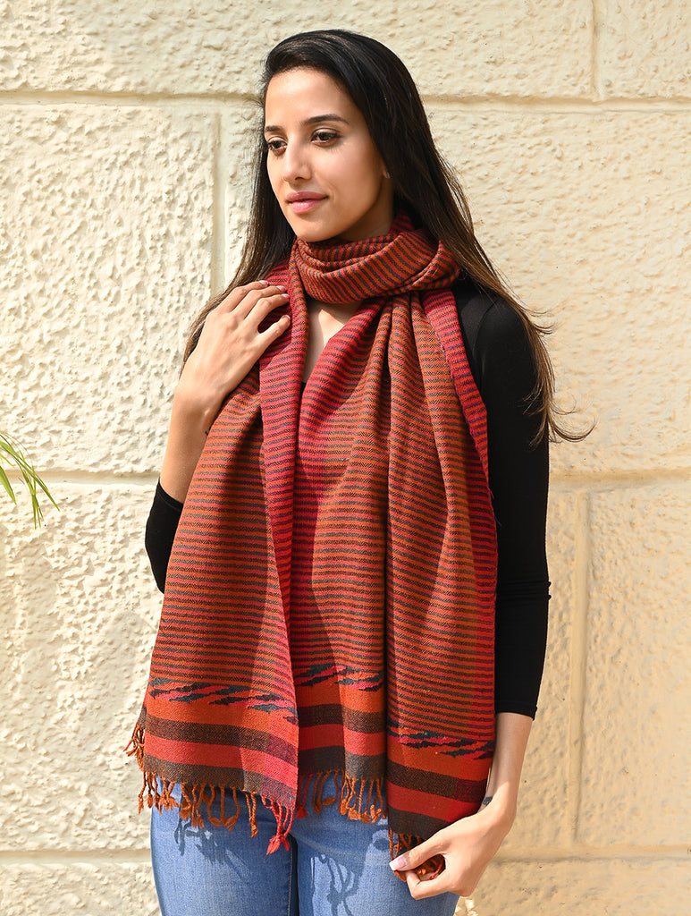 Exclusive Soft Himachal Wool Stole with Woven Border - Ember Stripes