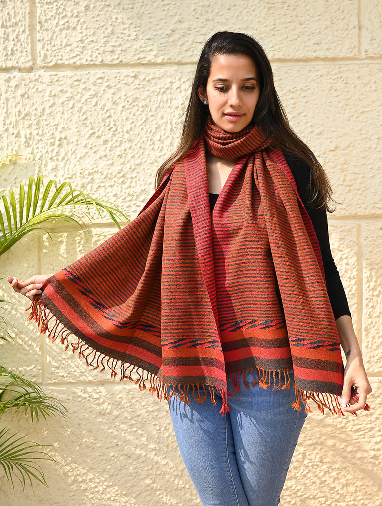 Exclusive Soft Himachal Wool Stole with Woven Border - Ember Stripes