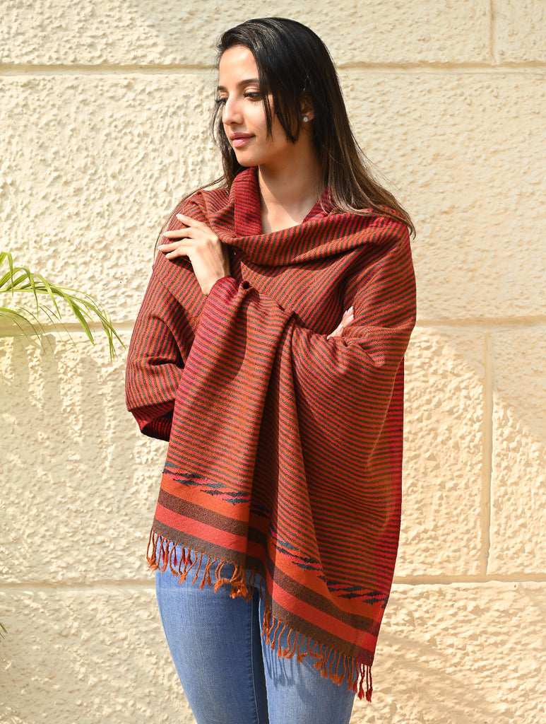 Exclusive Soft Himachal Wool Stole with Woven Border - Ember Stripes