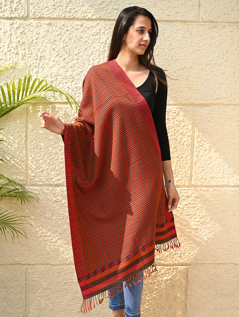 Exclusive Soft Himachal Wool Stole with Woven Border - Ember Stripes