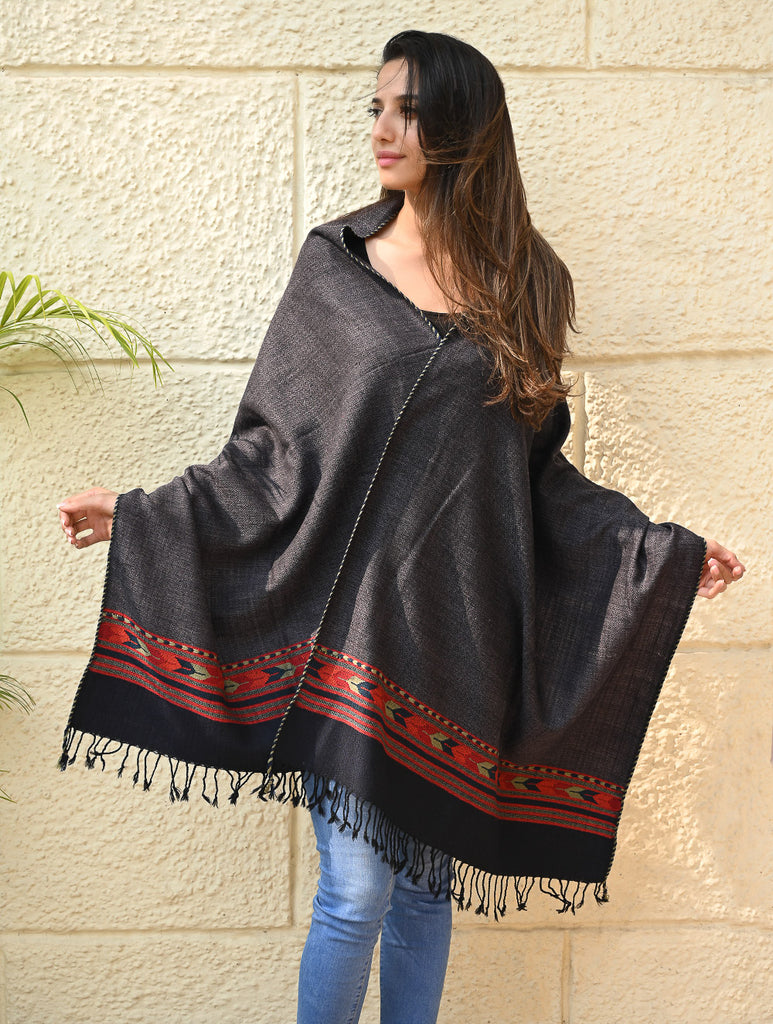 Exclusive Soft Himachal Wool Stole with Woven Border - Gun Stone