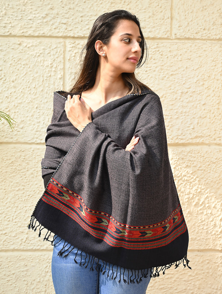 Exclusive Soft Himachal Wool Stole with Woven Border - Gun Stone