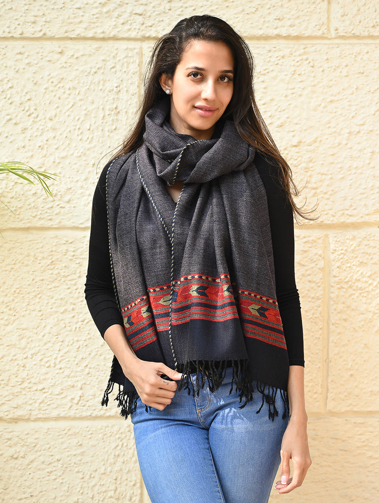 Exclusive Soft Himachal Wool Stole with Woven Border - Gun Stone